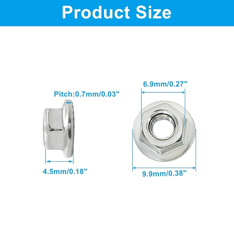 Dijedev M4/0.7mm Serrated Flange Hex Nuts, 50Pcs Hexagon Flange Nuts, 304 Stainless Steel 18-8, Full Thread, Hex Drive, Bright Finish - Image 2